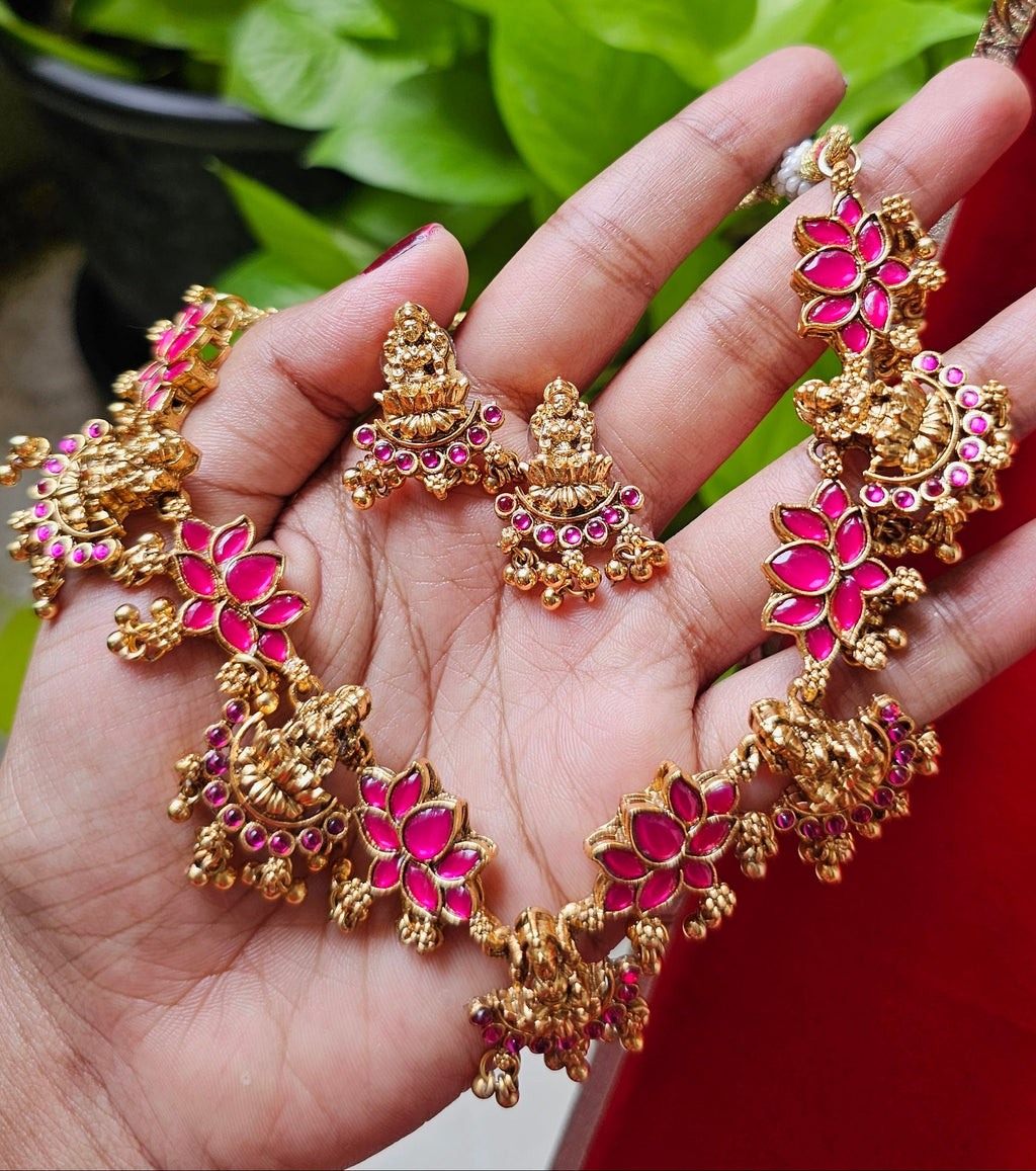 Antique Pink Lotus Lakshmi Devi Necklace Set