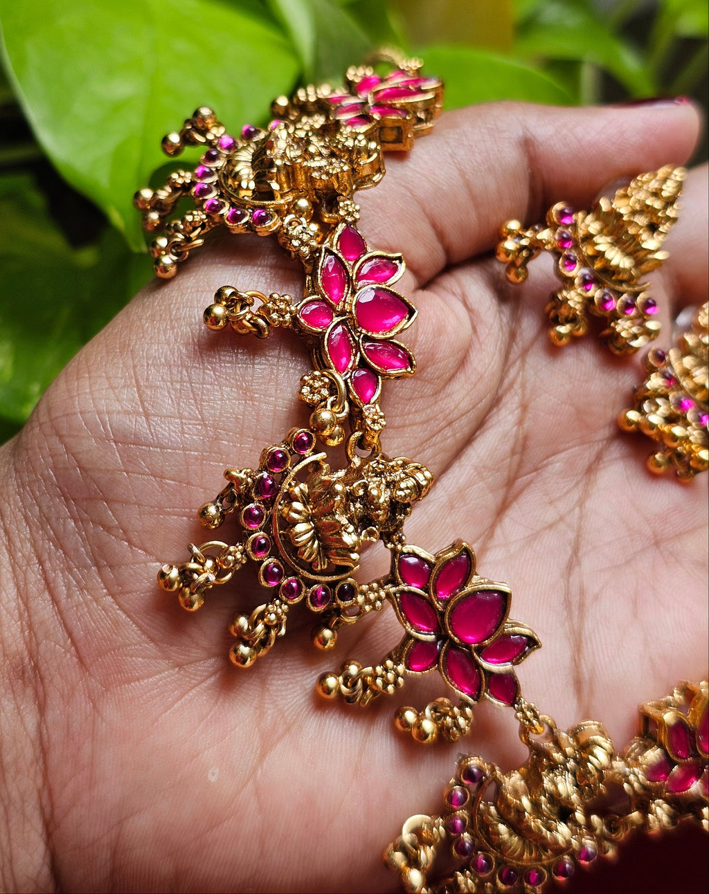 Antique Pink Lotus Lakshmi Devi Necklace Set