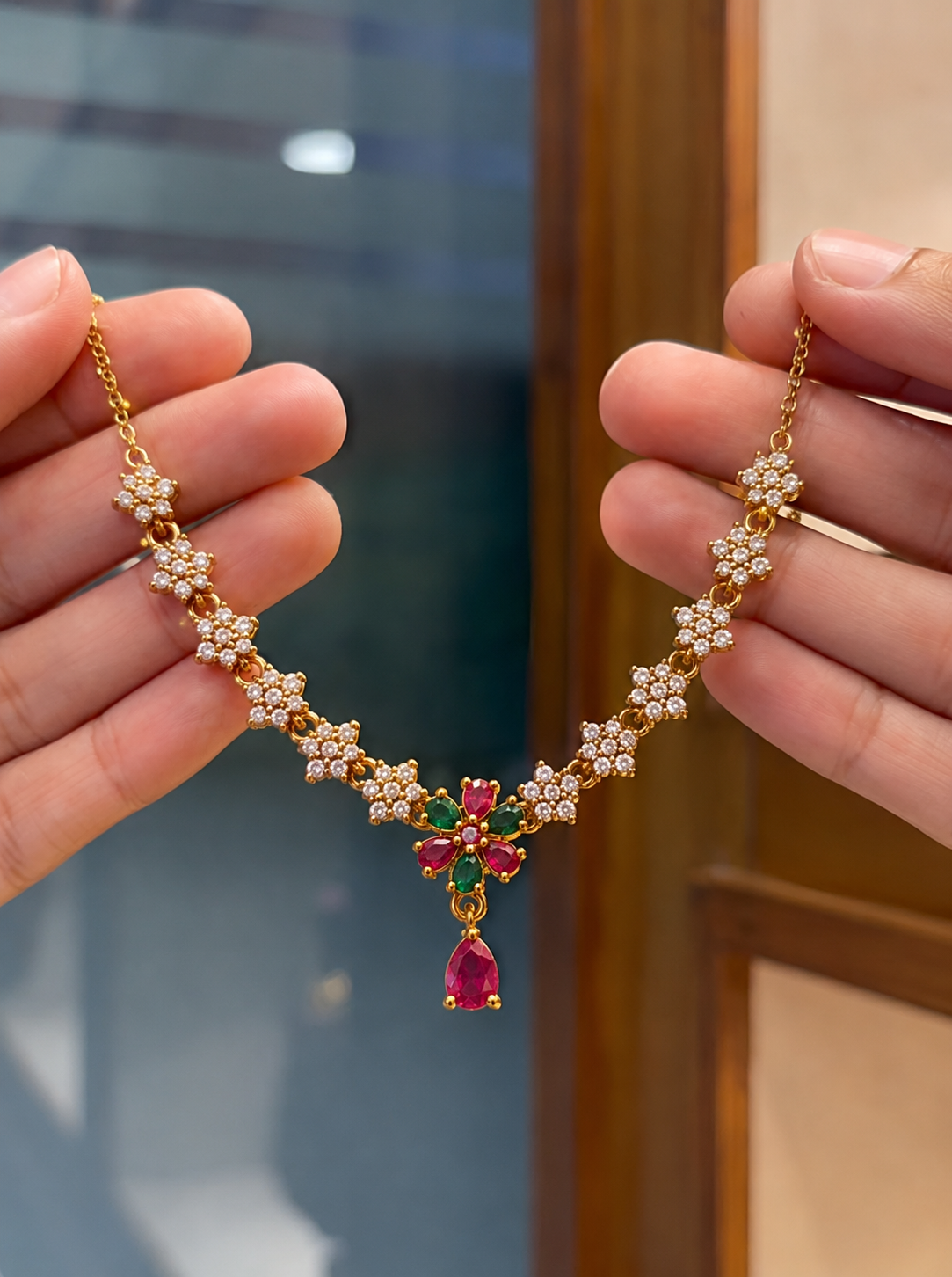 Floral Ruby & Emerald Pendant AD Necklace