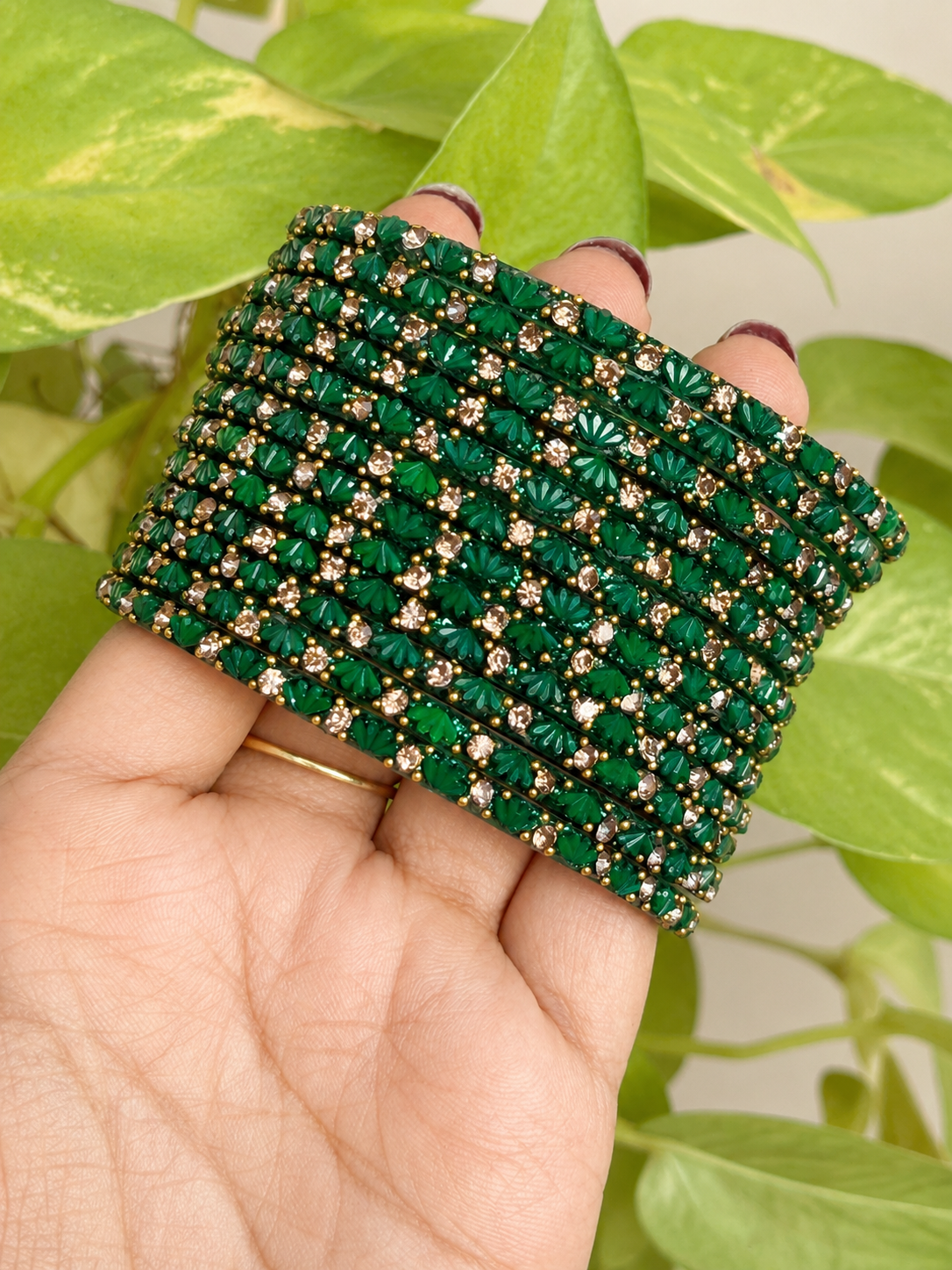 Green Lotus Glass Bangles - Set of 12 Bangles