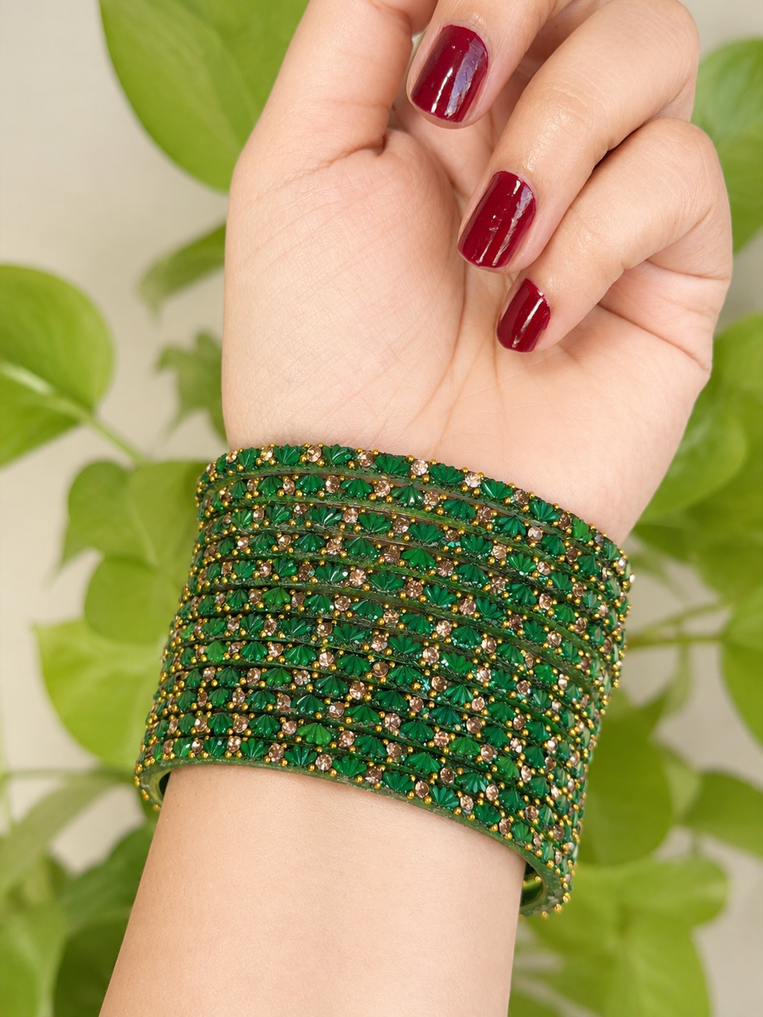 Green Lotus Glass Bangles - Set of 12 Bangles