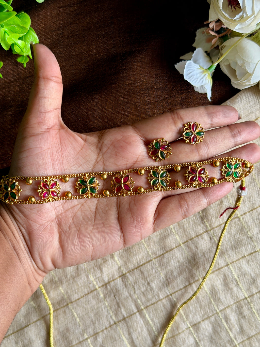 Green & Ruby Floral Choker