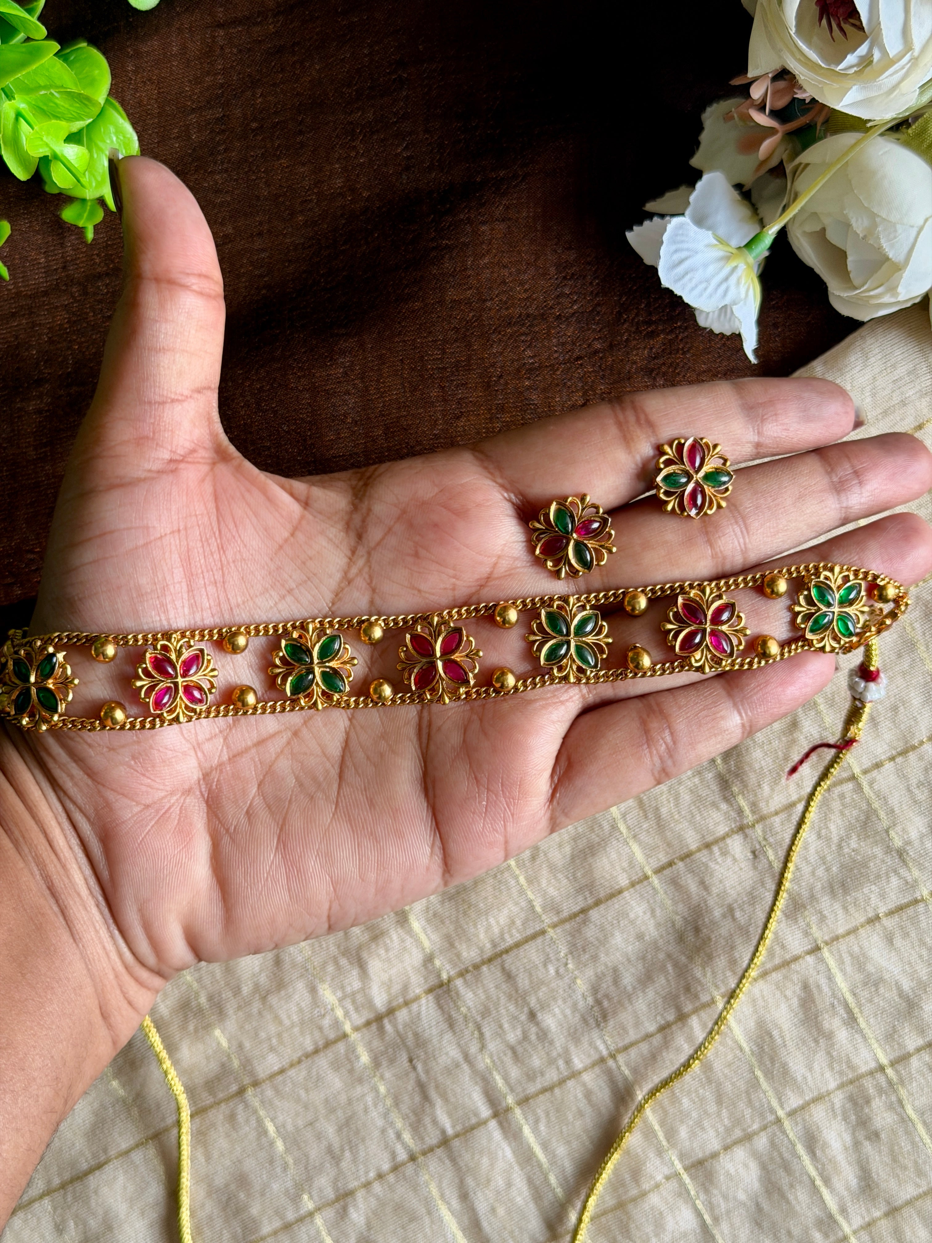 Green & Ruby Floral Choker