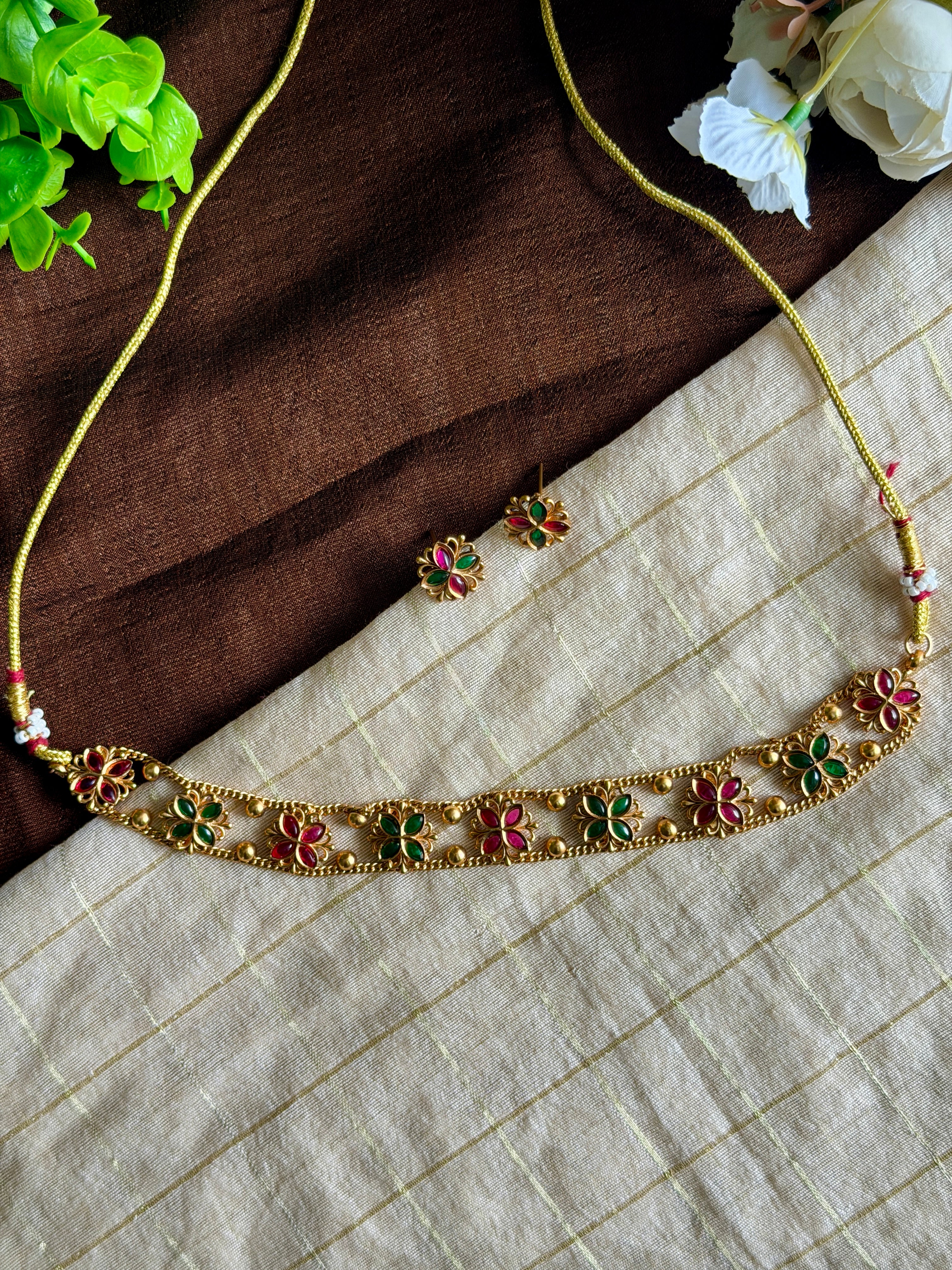 Green & Ruby Floral Choker