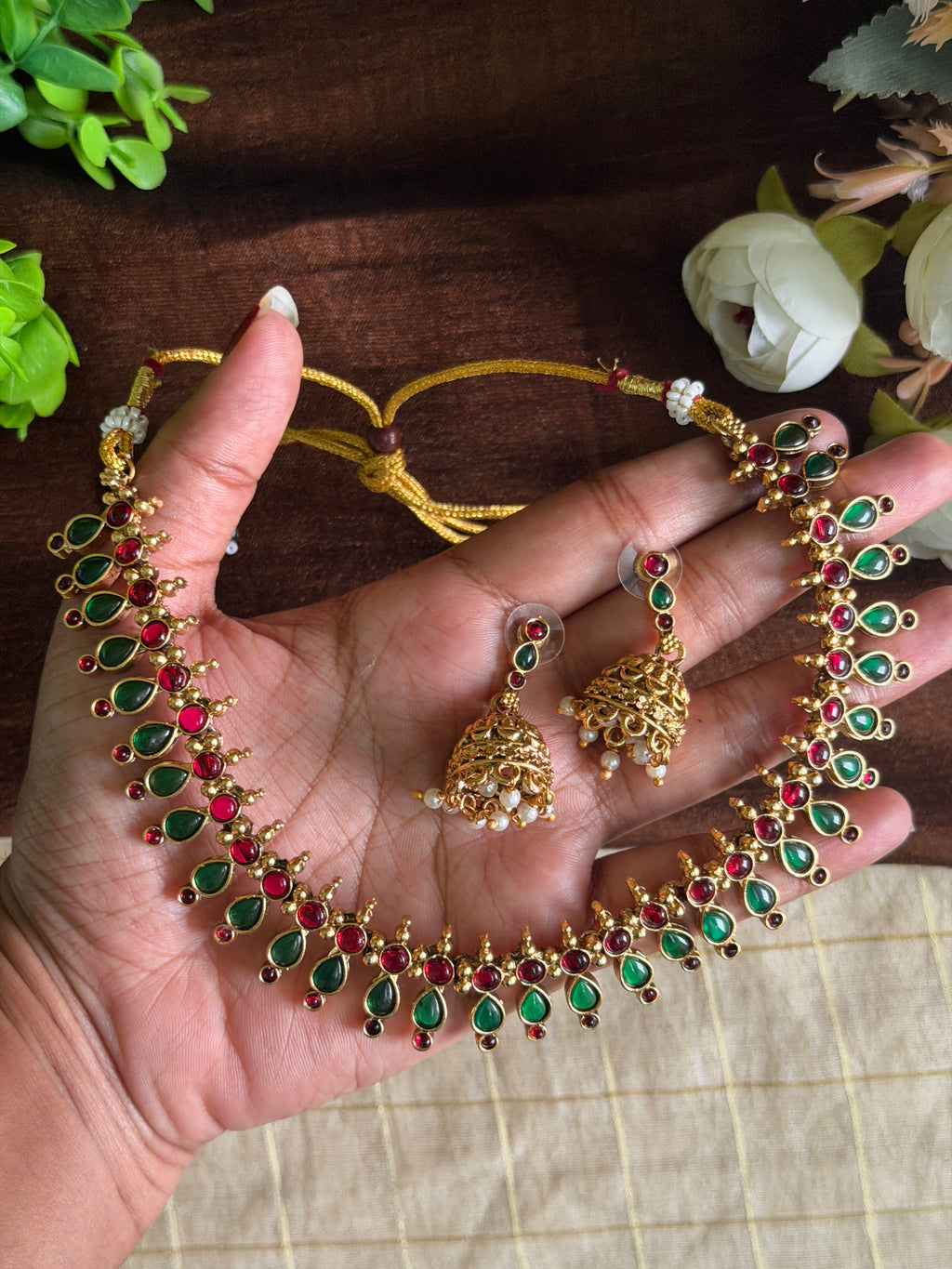 Green & Ruby Kemp Stone Necklace Set