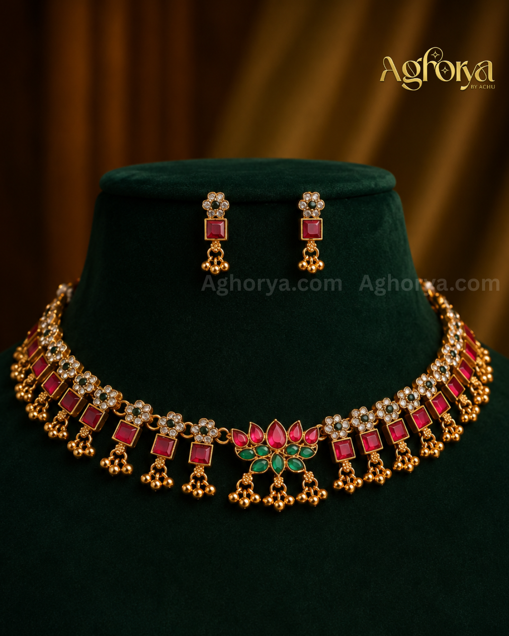 Traditional Ruby & Green Stone Necklace Set