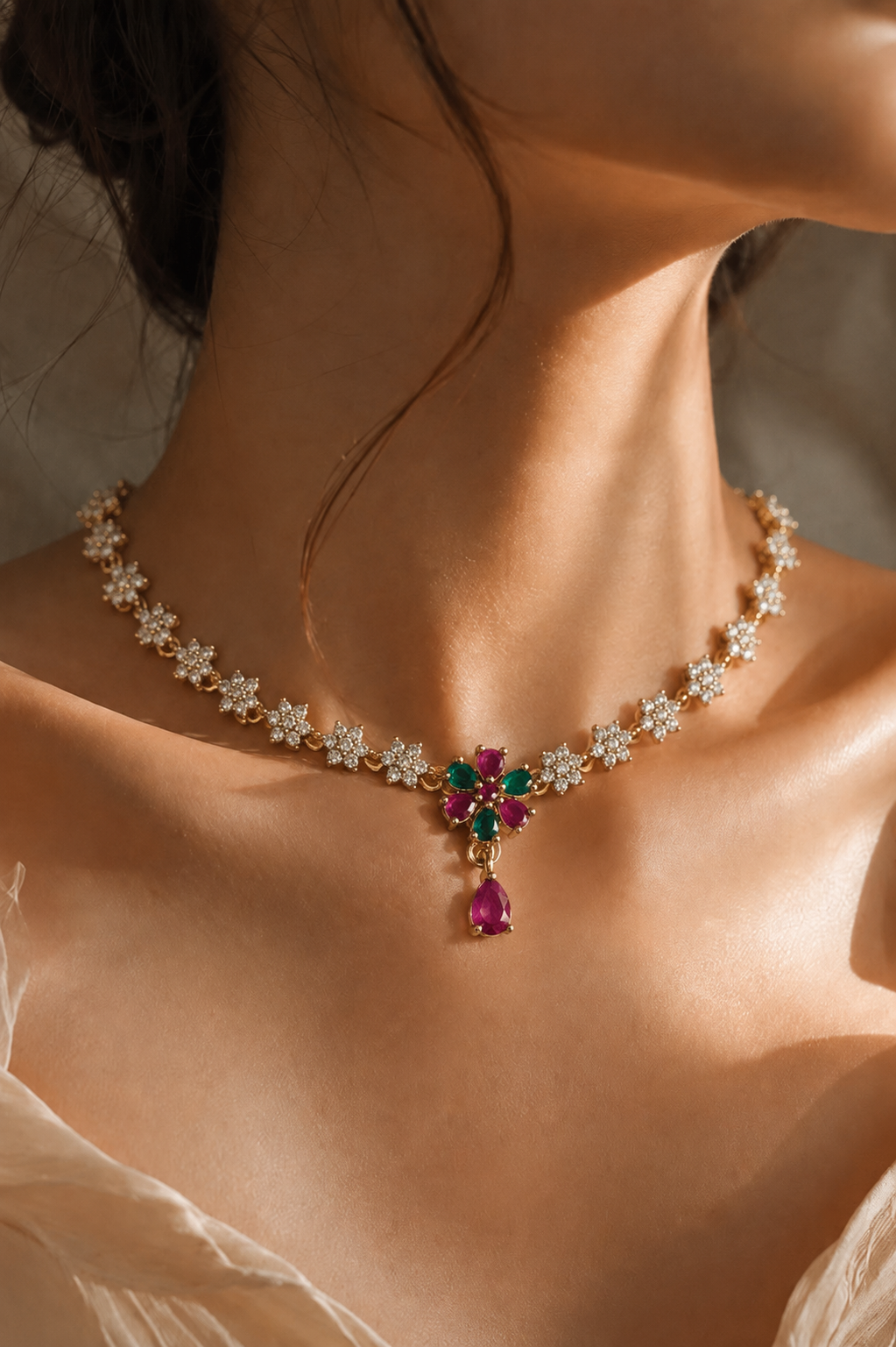 Floral Ruby & Emerald Pendant AD Necklace
