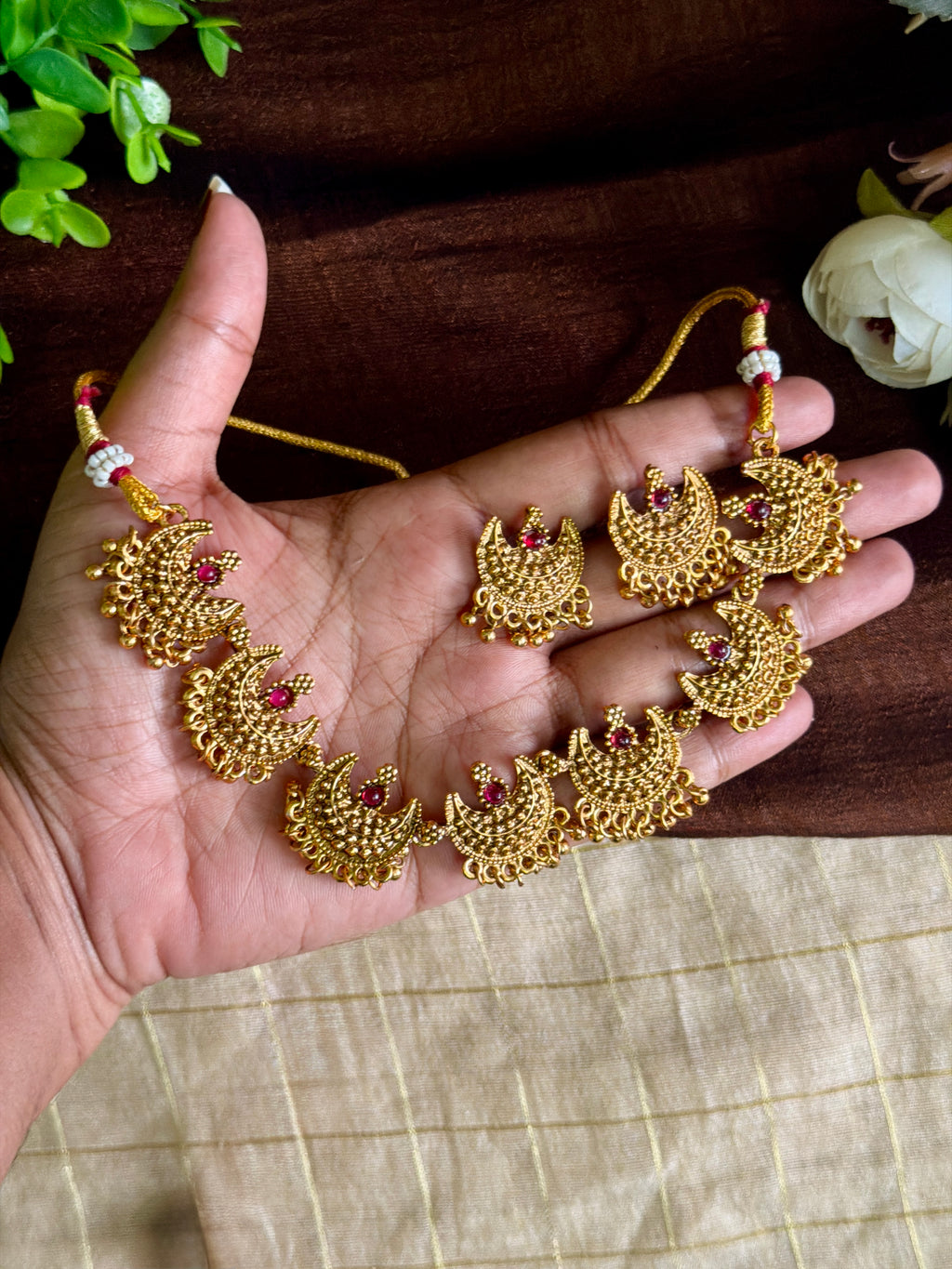 Moon Gungroo Necklace Set - Ruby