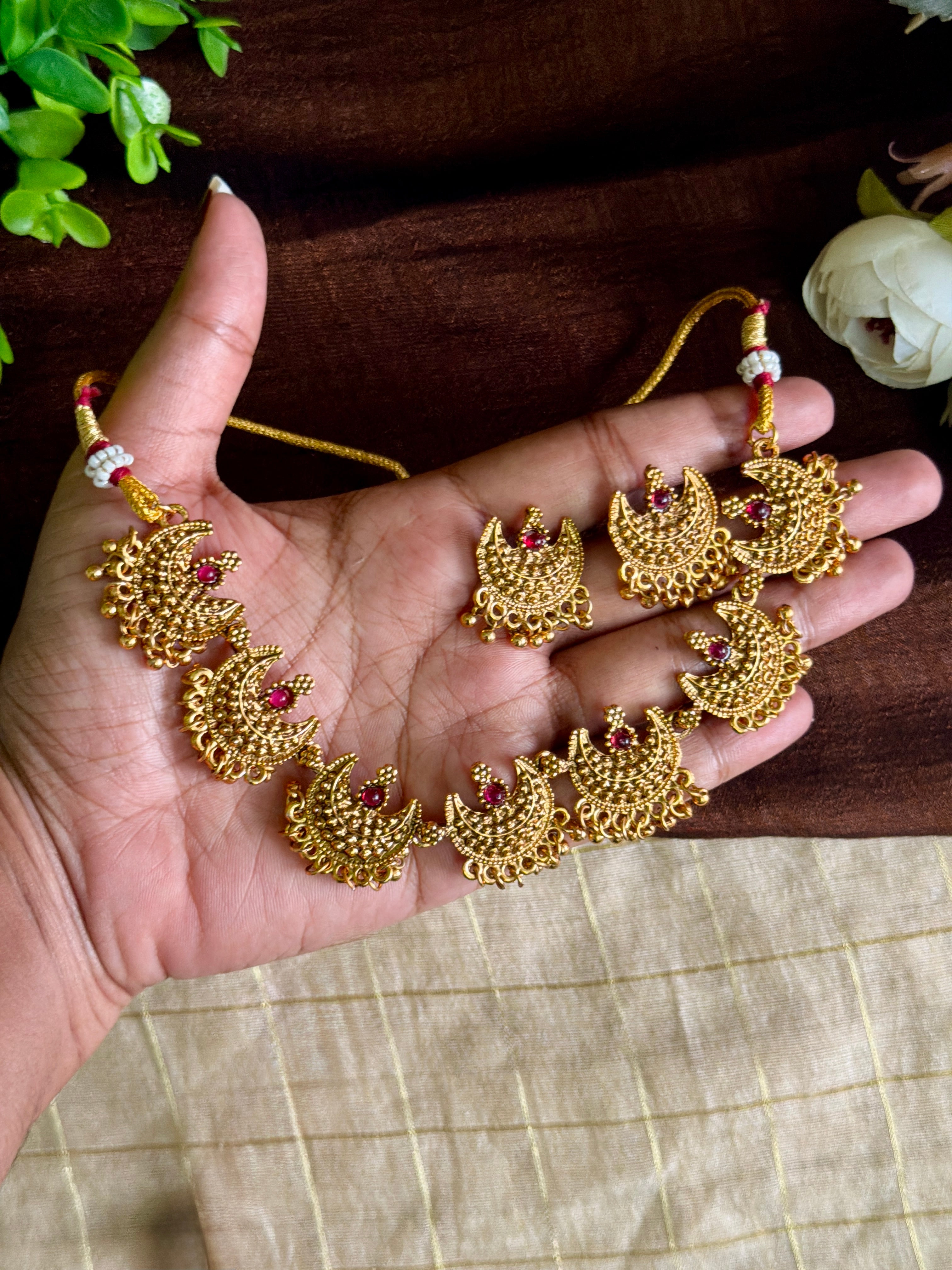 Moon Gungroo Necklace Set - Ruby