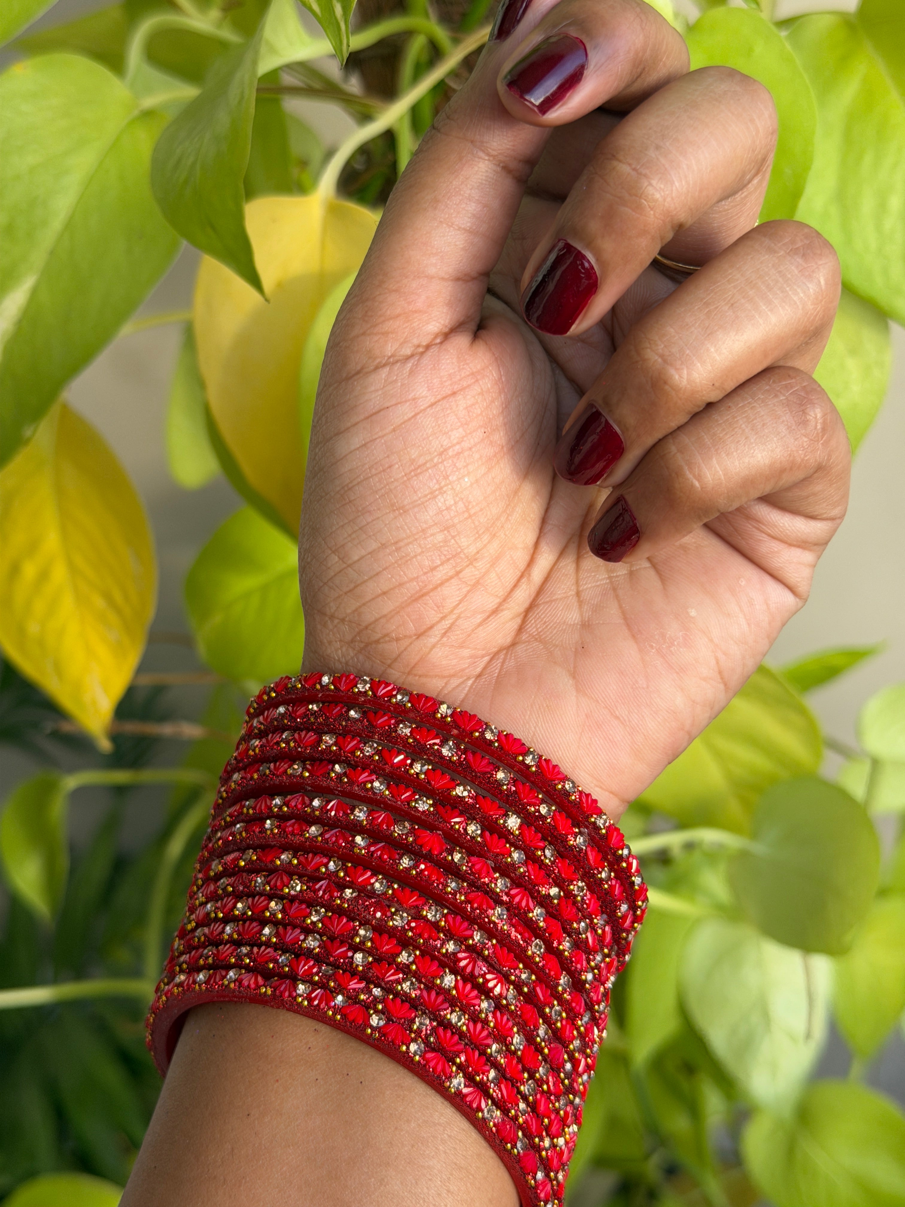 Red Lotus Glass Bangles - Set of 12 Bangles