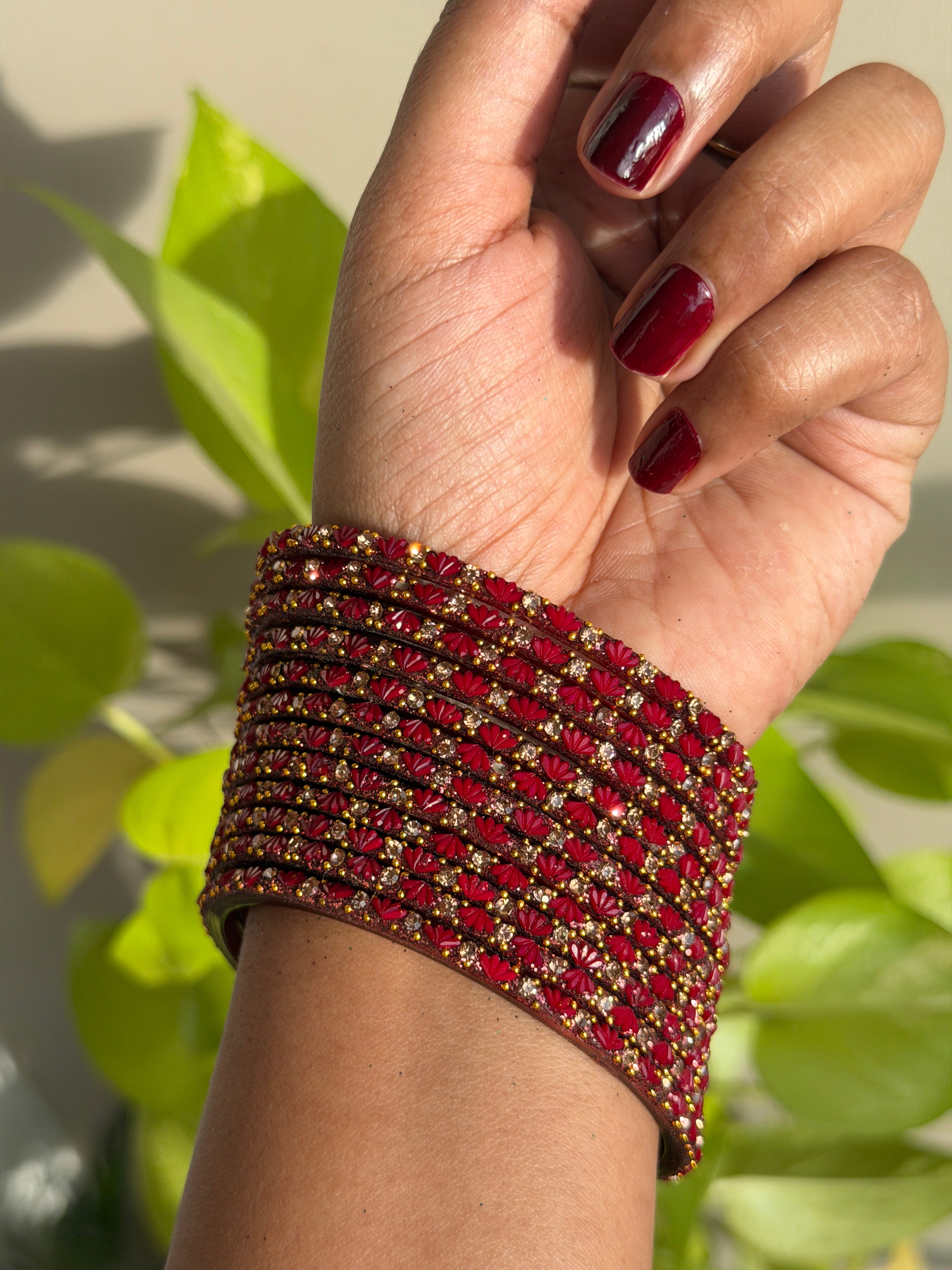 Deep Red /Maroon Lotus Glass Bangles - Set of 12 Bangles