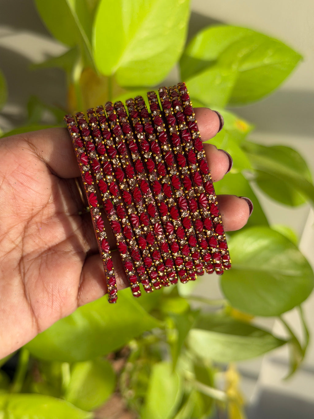 Deep Red /Maroon Lotus Glass Bangles - Set of 12 Bangles