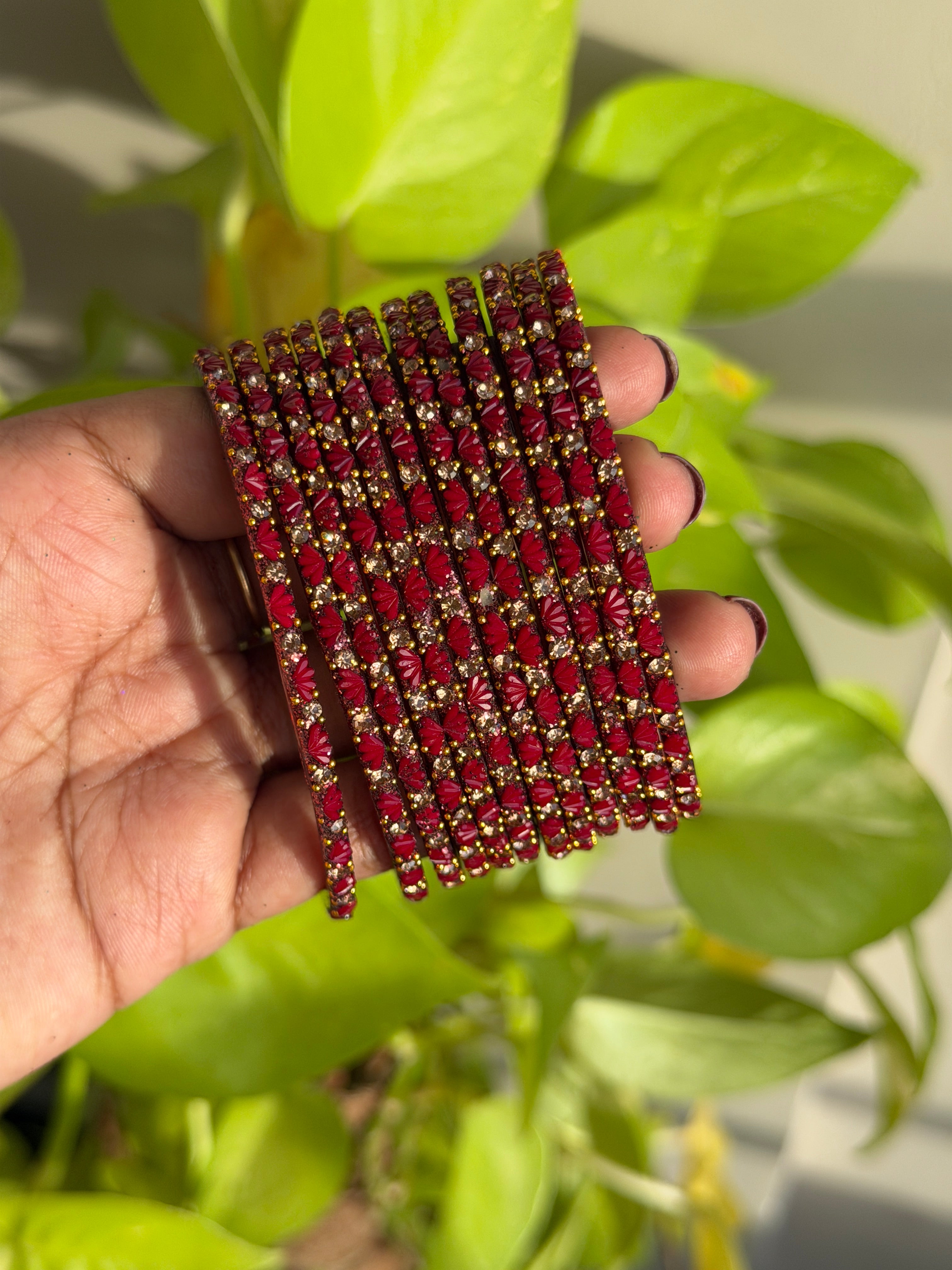 Deep Red /Maroon Lotus Glass Bangles - Set of 12 Bangles