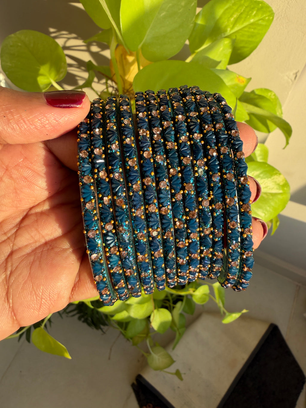 Peacock Blue Lotus Glass Bangles - Set of 12 Bangles