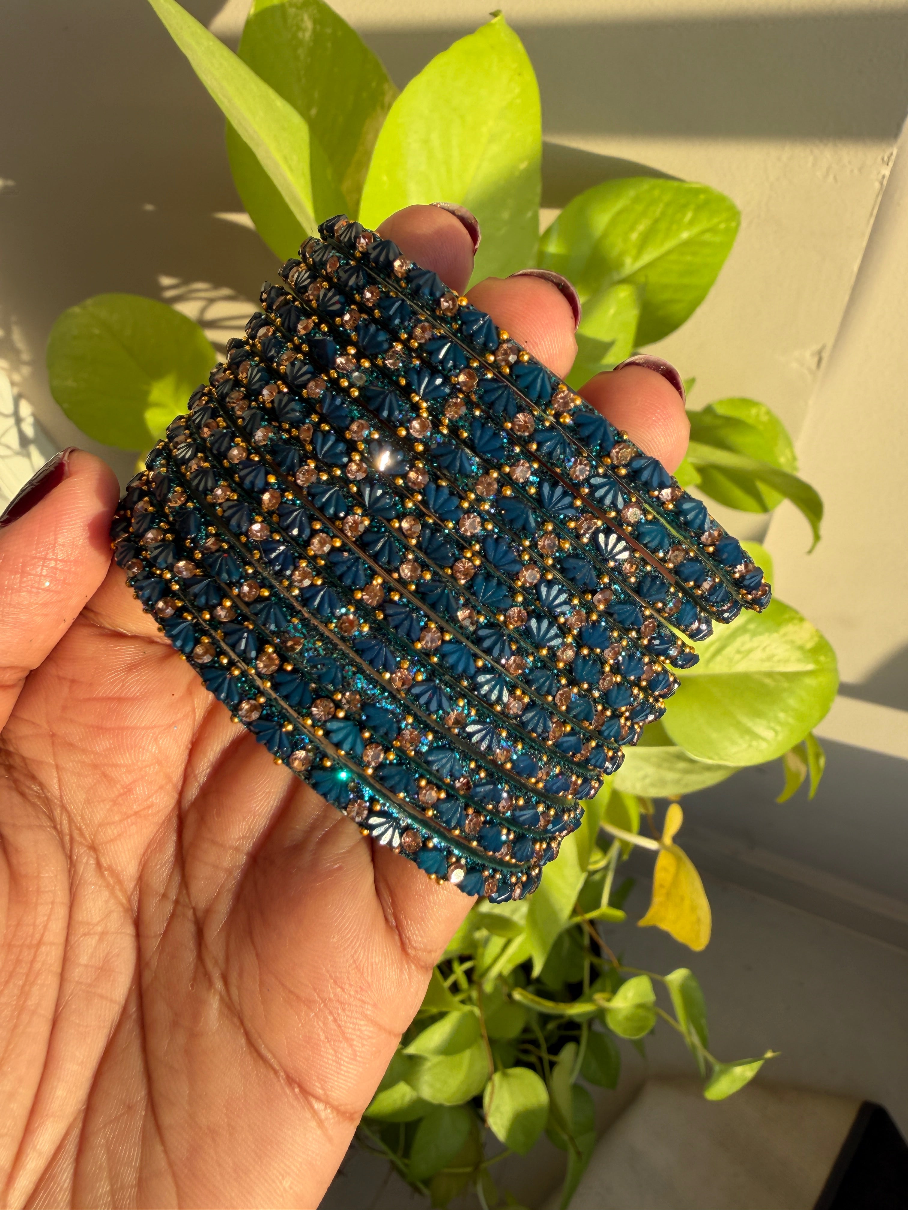 Peacock Blue Lotus Glass Bangles - Set of 12 Bangles
