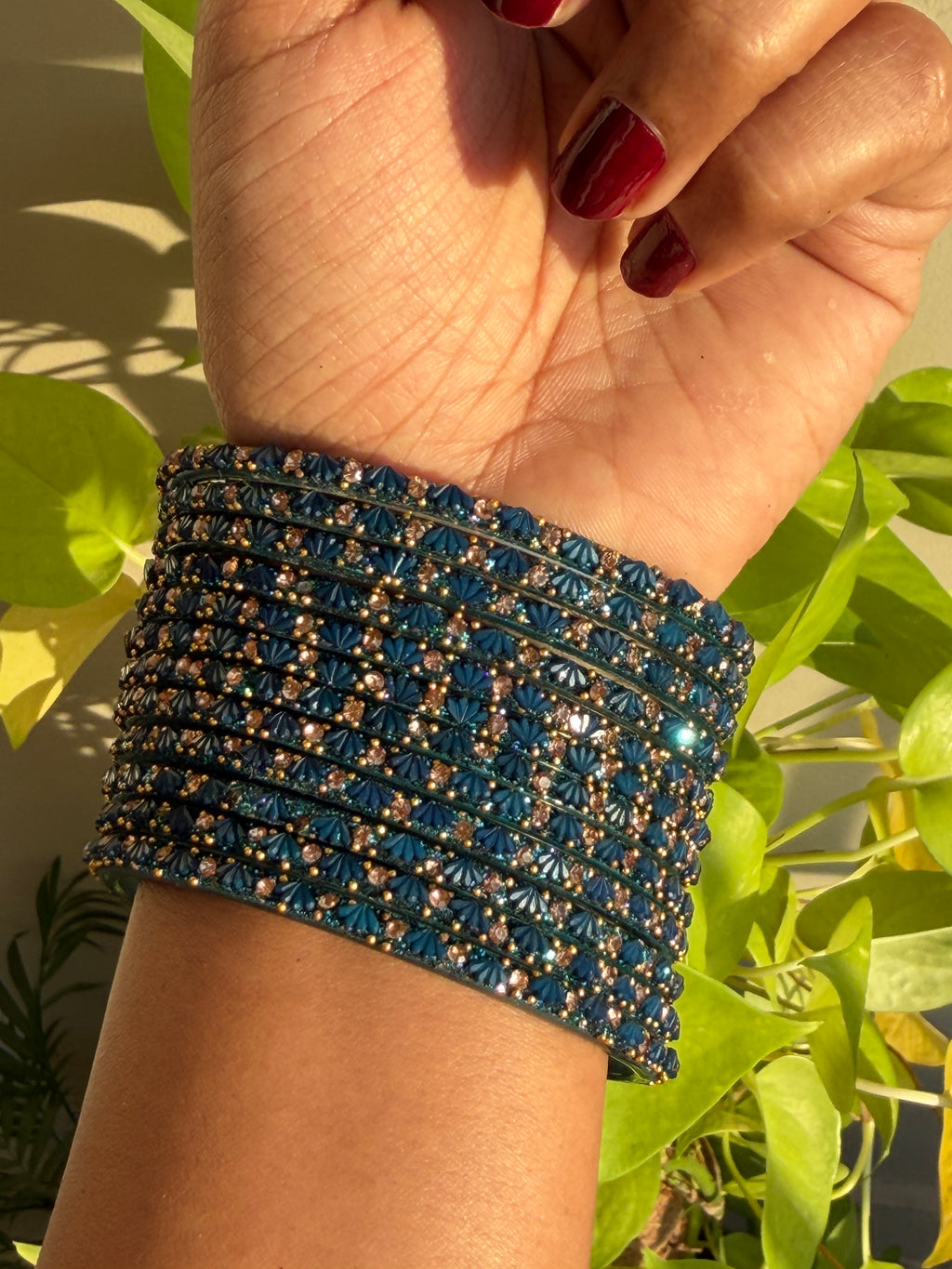 Peacock Blue Lotus Glass Bangles - Set of 12 Bangles