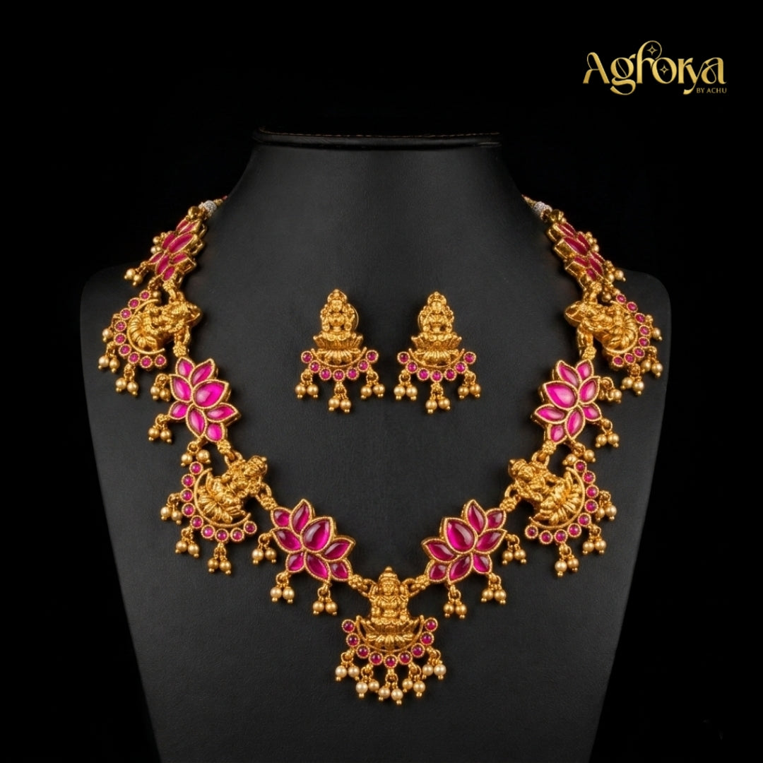 Antique Pink Lotus Lakshmi Devi Necklace Set