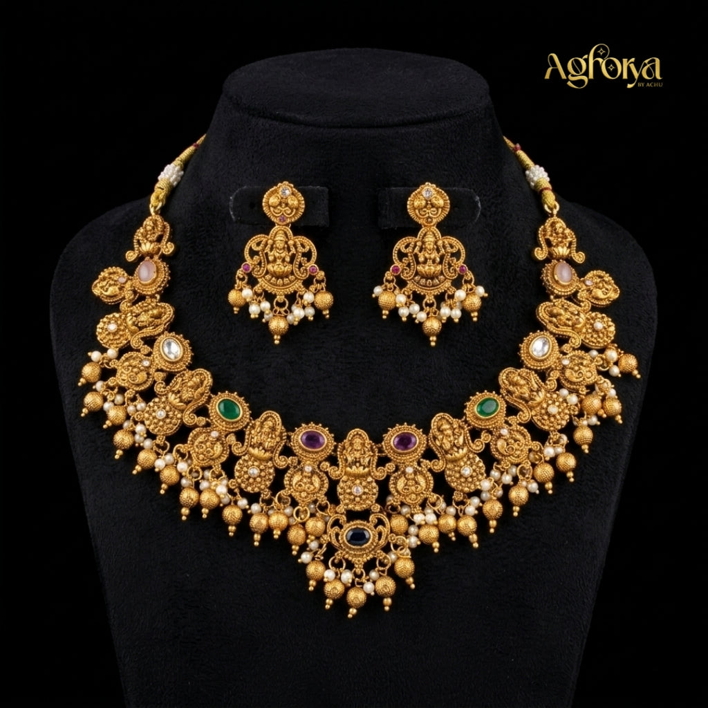 Antique Temple Lakshmi Necklace Set with Kemp Stones