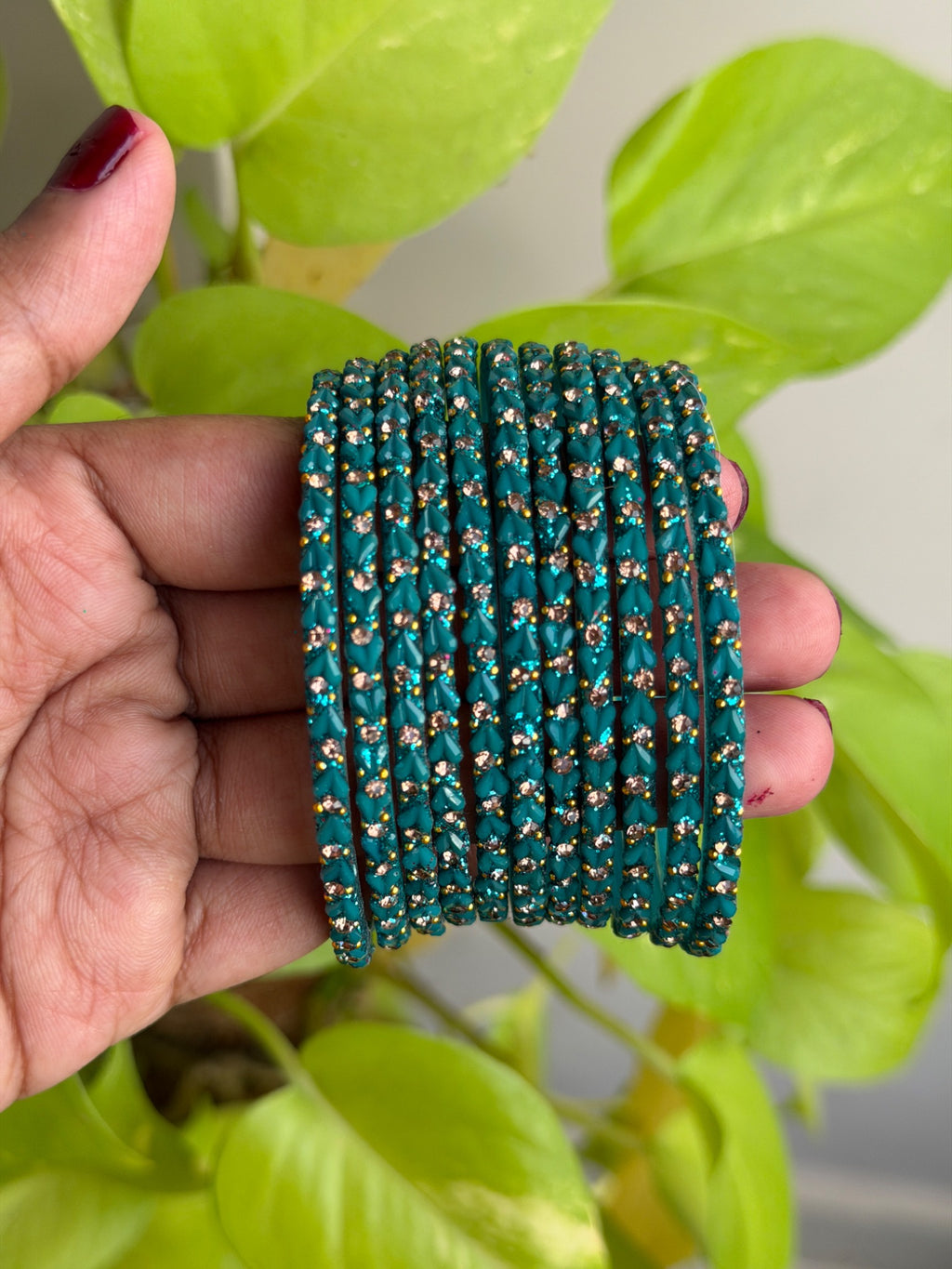 Aqua Blue Heart Glass Bangles - Set of 12 Bangles