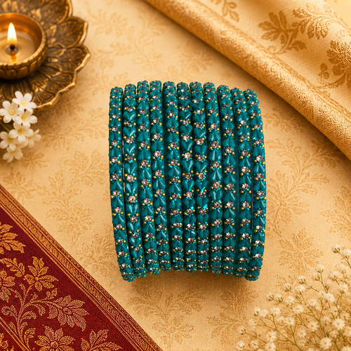 Aqua Blue Heart Glass Bangles - Set of 12 Bangles