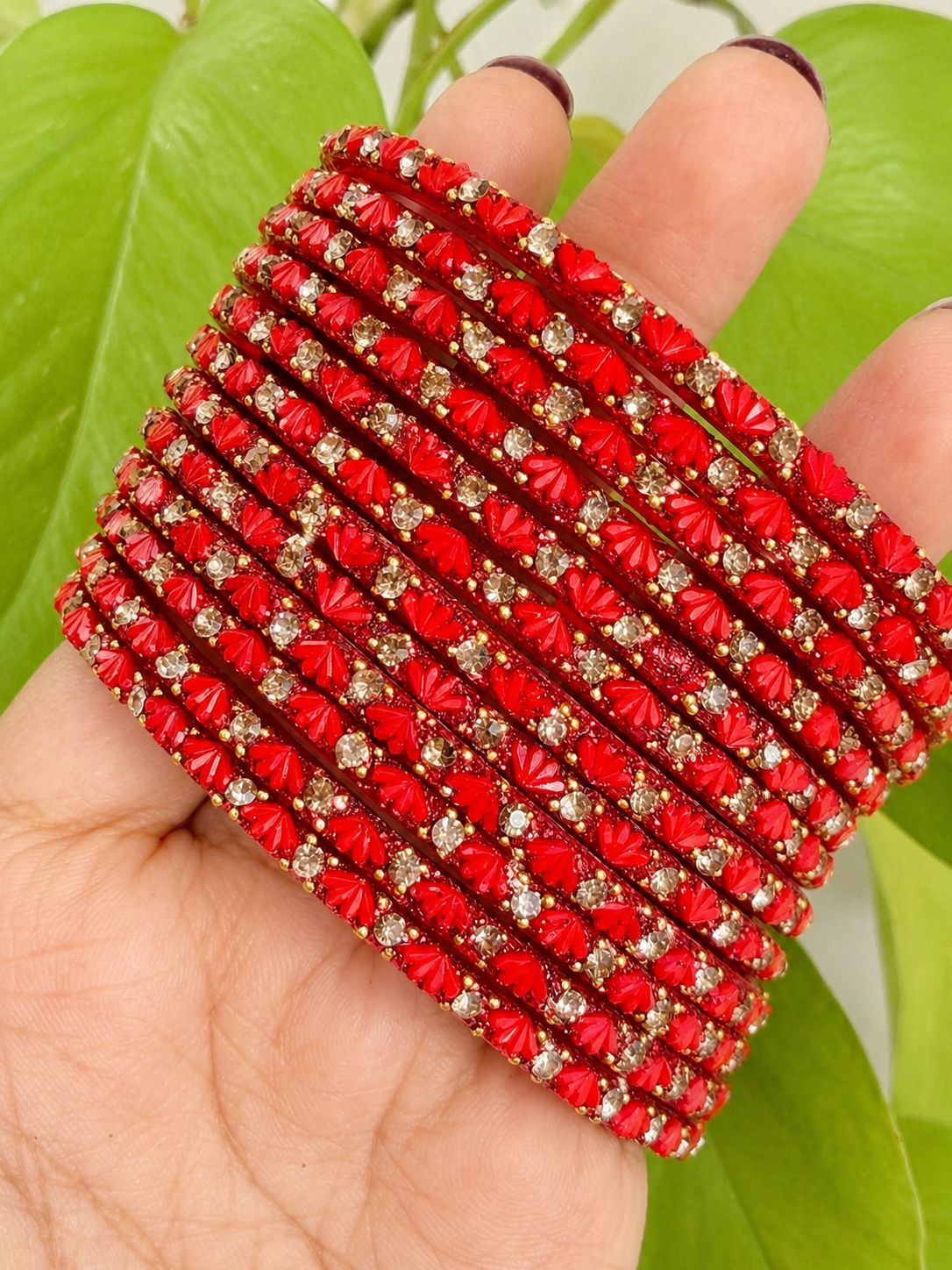 Red Lotus Glass Bangles - Set of 12 Bangles