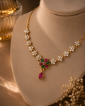 Floral Ruby & Emerald Pendant AD Necklace