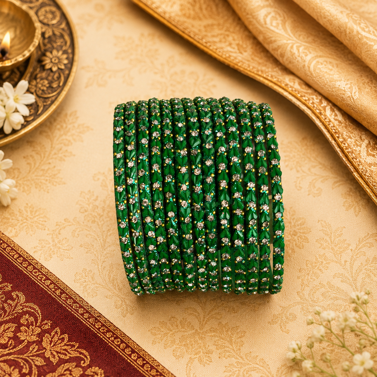 Green Heart Glass Bangles - Set of 12 Bangles