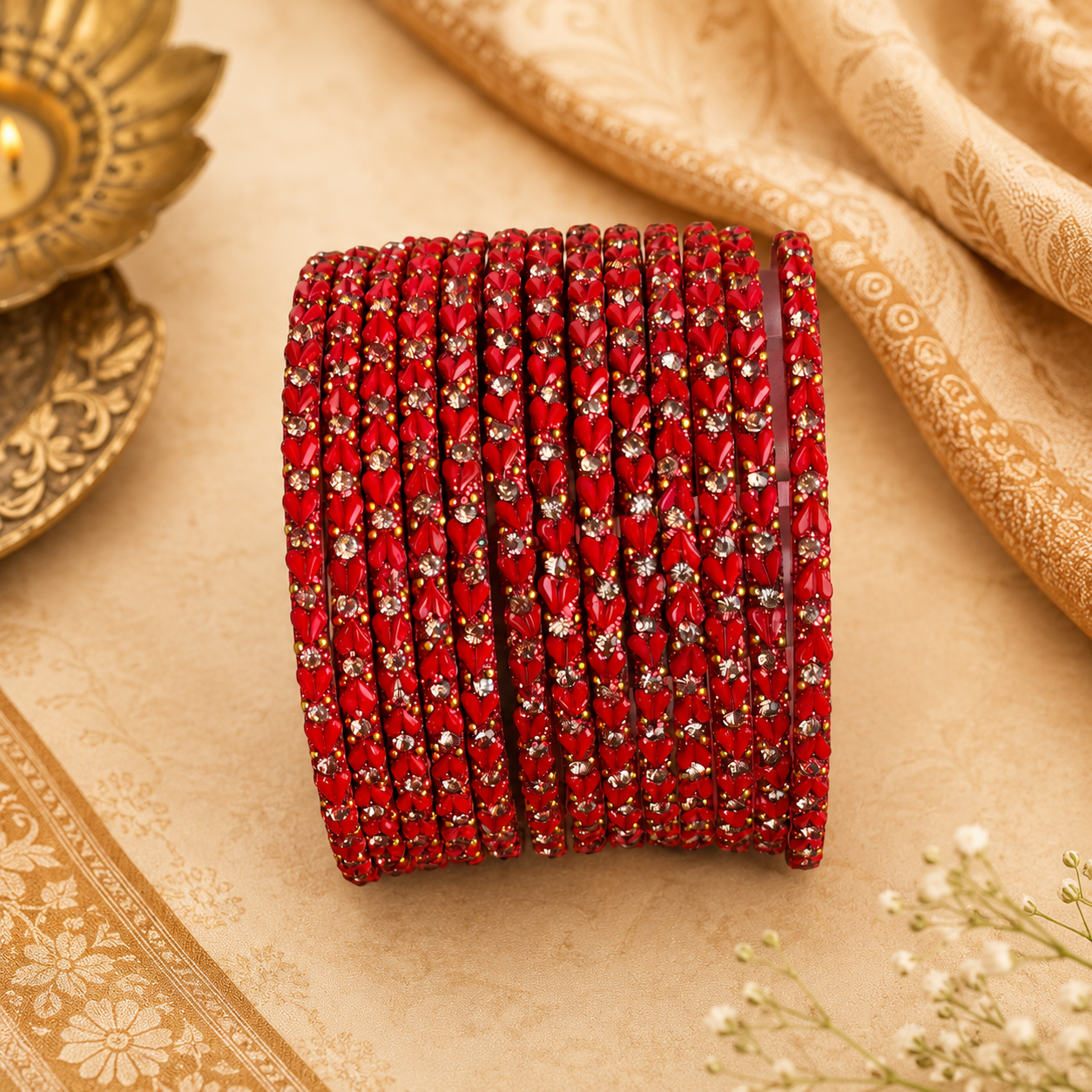 Red Heart Glass Bangles - Set of 12 Bangles